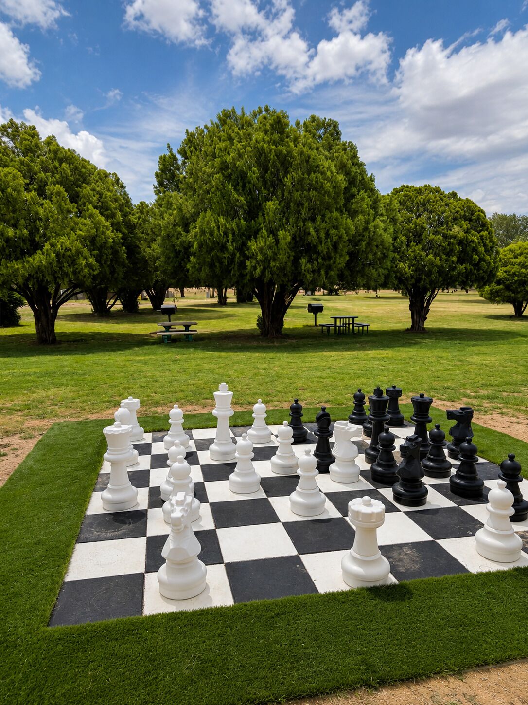 Un grand jeu d’échecs en plein air installé dans un parc, avec des arbres en arrière-plan.