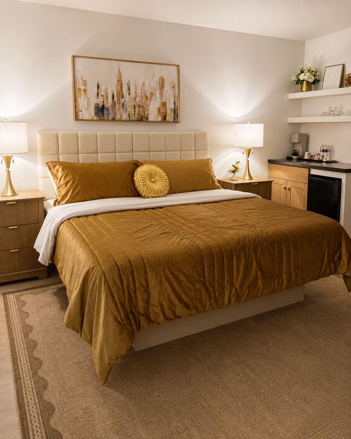 A hotel room with a large bed, a cityscape painting, a small kitchenette, and a bedside table with a lamp.