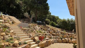 Una scala in pietra che sale su una collina, con vista su alberi e un edificio sullo sfondo.