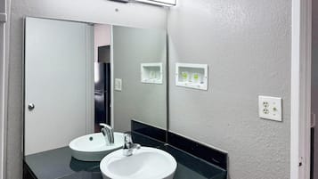 Room, 2 Double Beds, Roll-in Shower, Non Smoking (Mobility, Access, Fridge, Microwave) | Bathroom | Combined shower/bathtub, free toiletries, towels, toilet paper