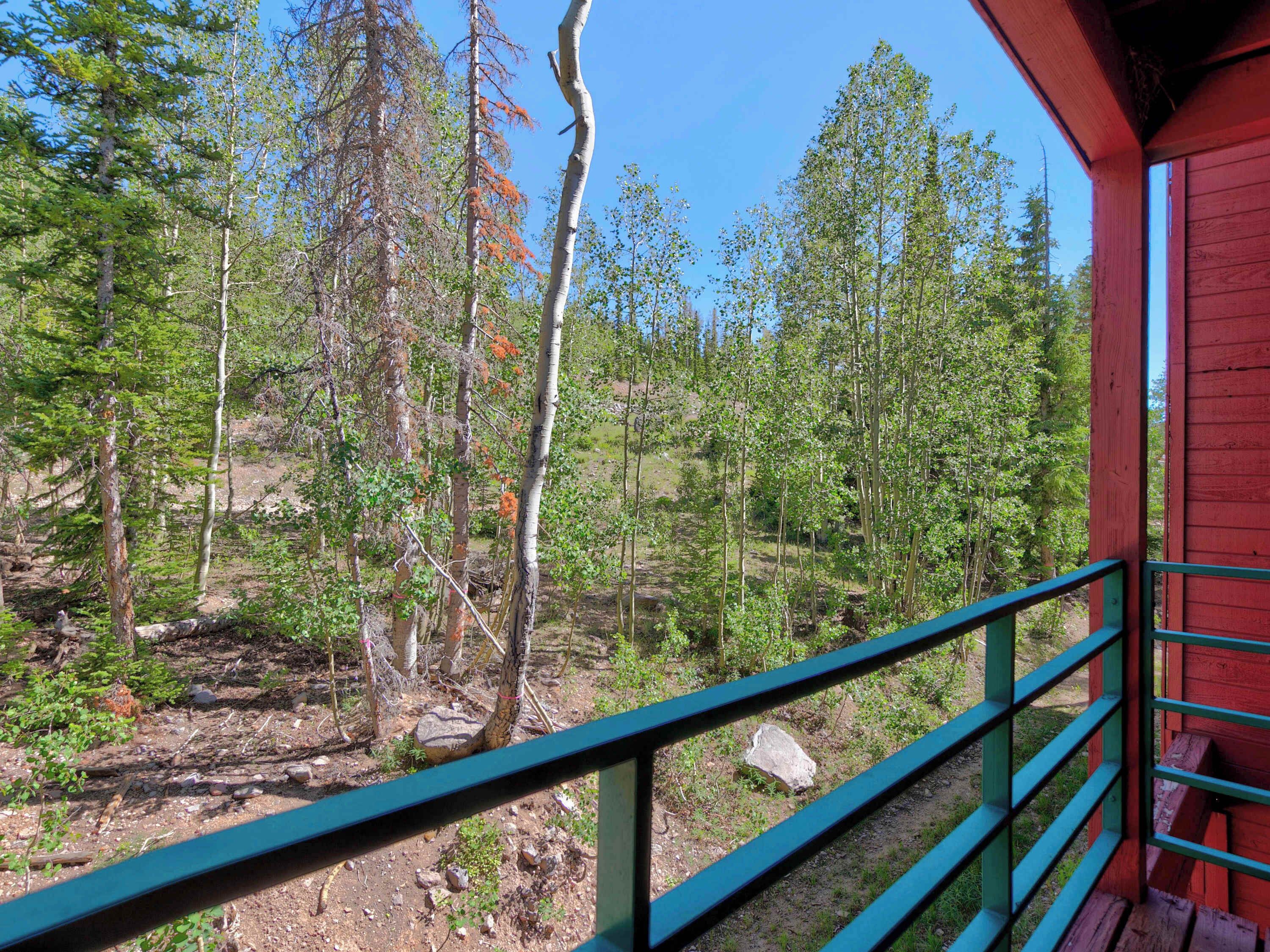 Une zone boisée avec un bâtiment rouge et une rambarde verte.