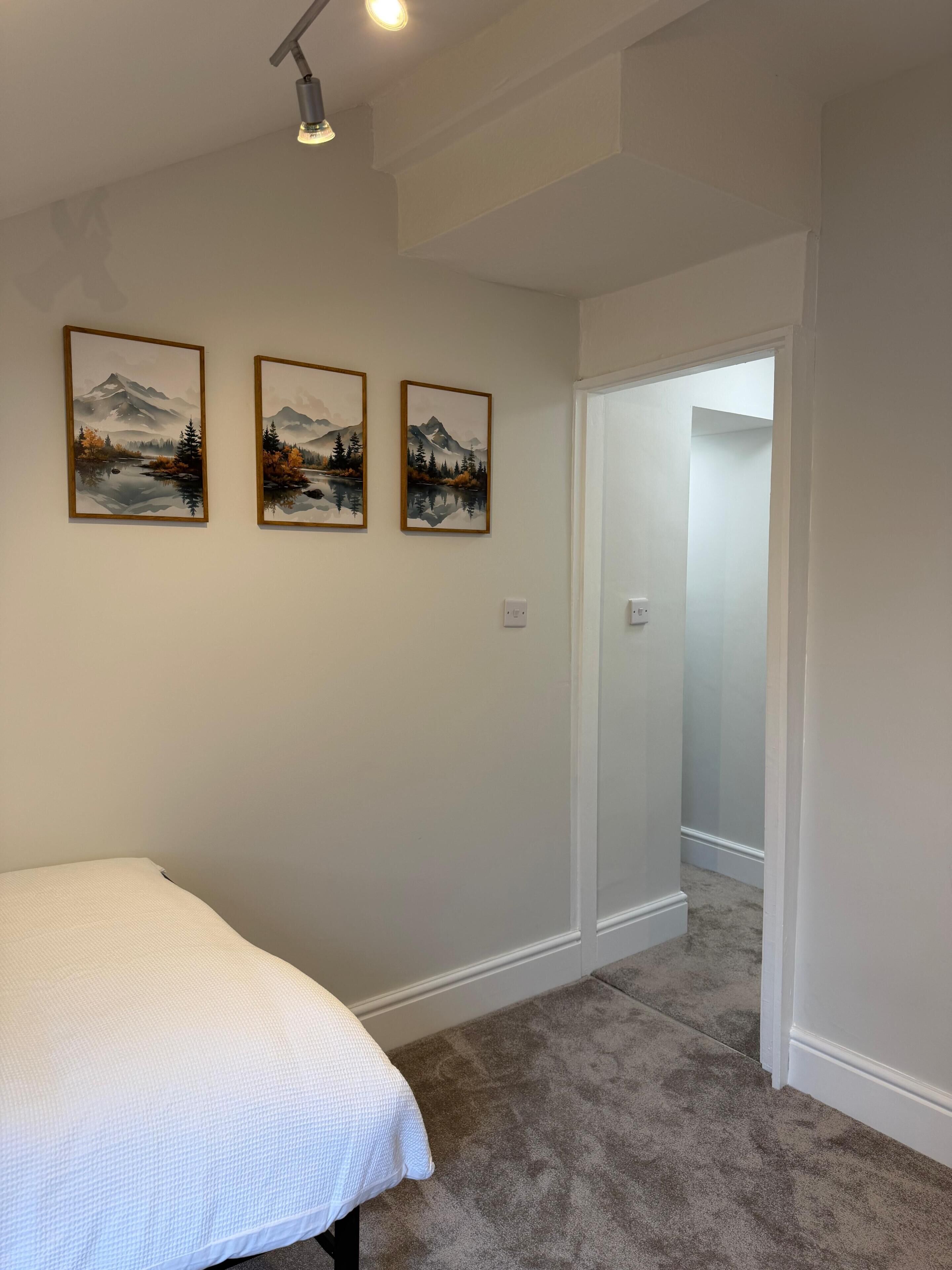 A bedroom with a bed, a carpeted floor, and three framed pictures on the wall.