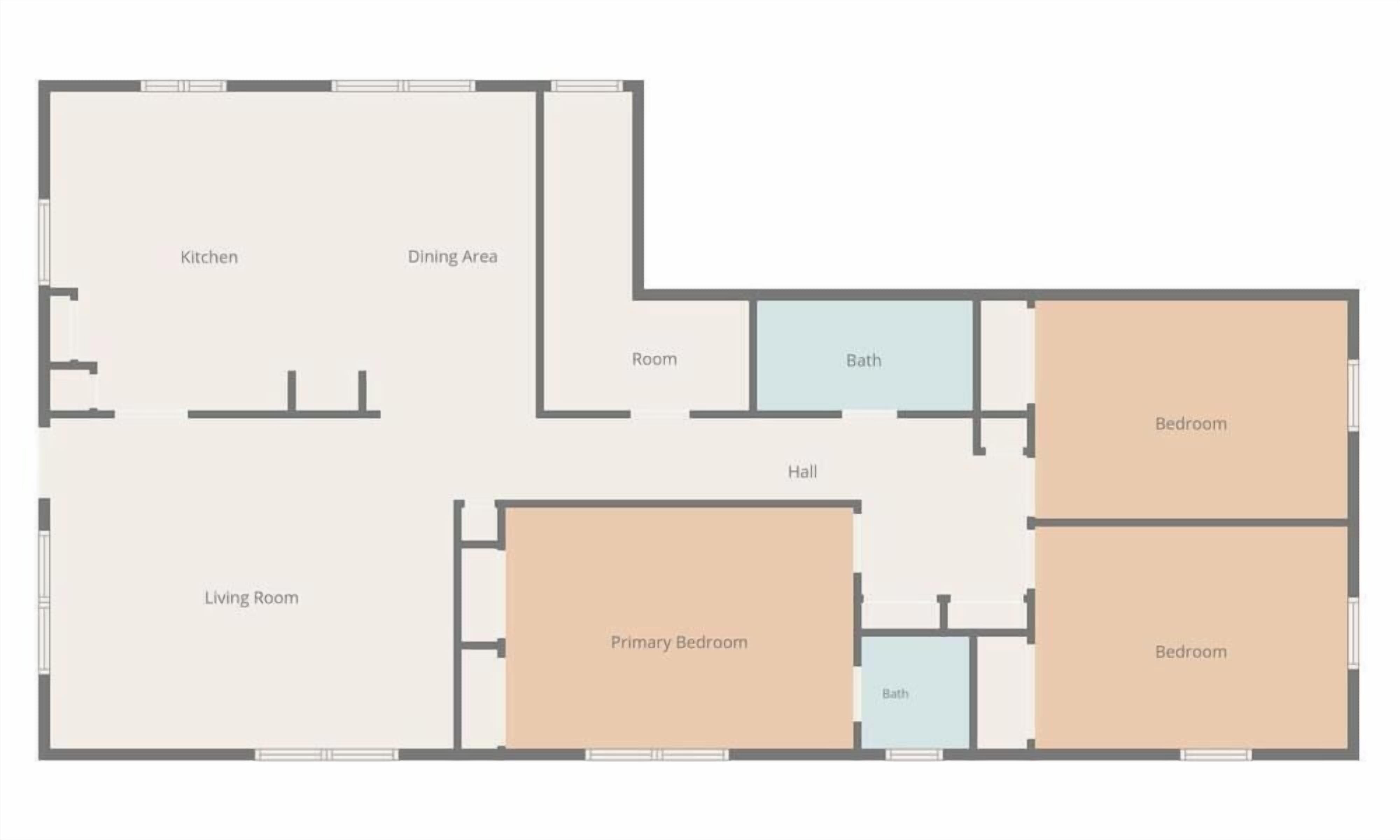 Un plan d’étage comprenant une cuisine, un coin repas, un salon, une chambre principale, deux chambres, une salle de bain et un hall d’entrée.