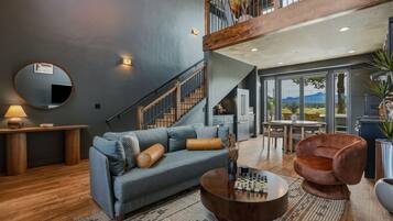 Smart TV, fireplace, books