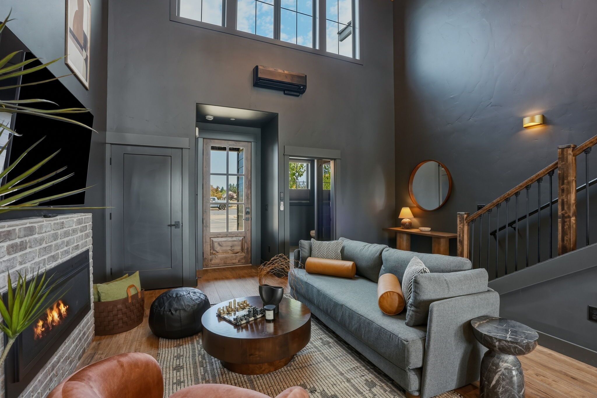 Smart TV, fireplace, books