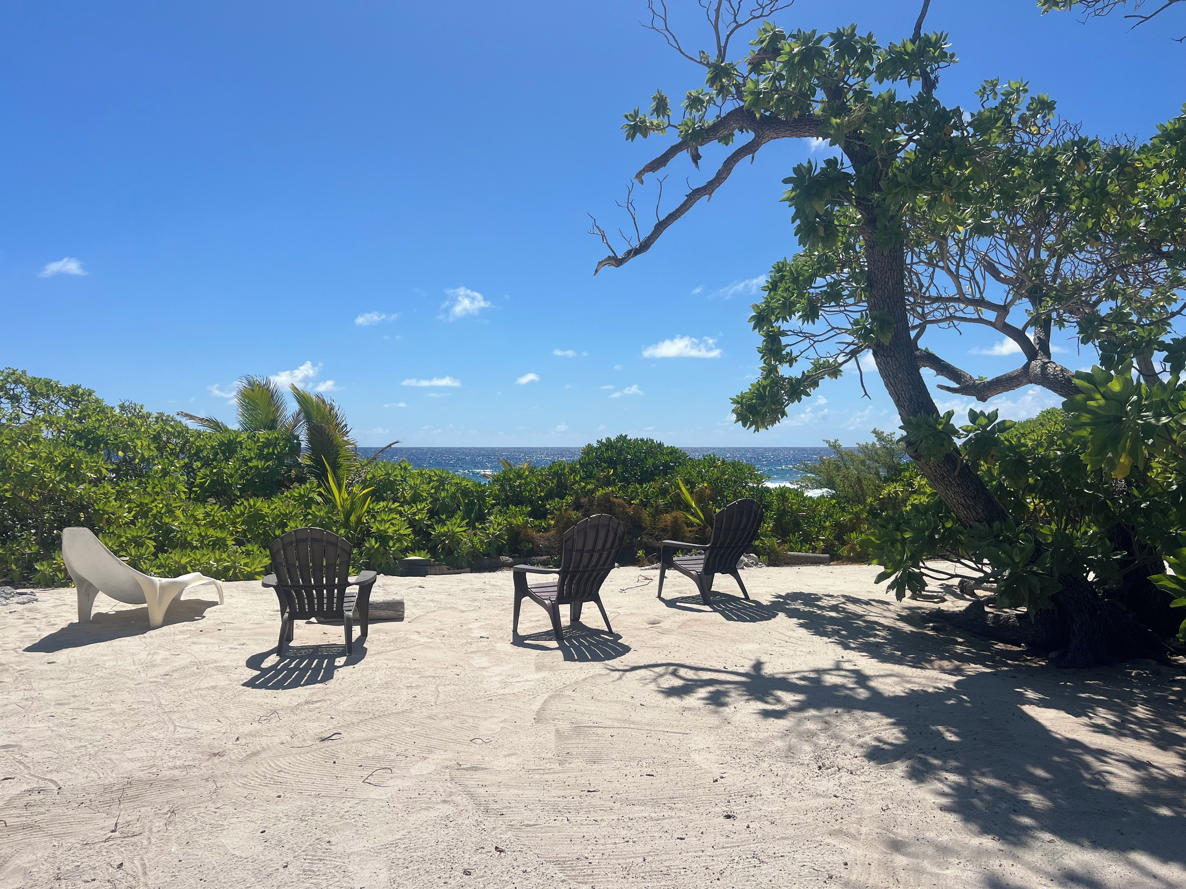 A beachside seating area with chairs and a view of the ocean.