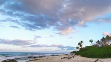 Une plage de galets, une mer calme et un ciel nuageux.