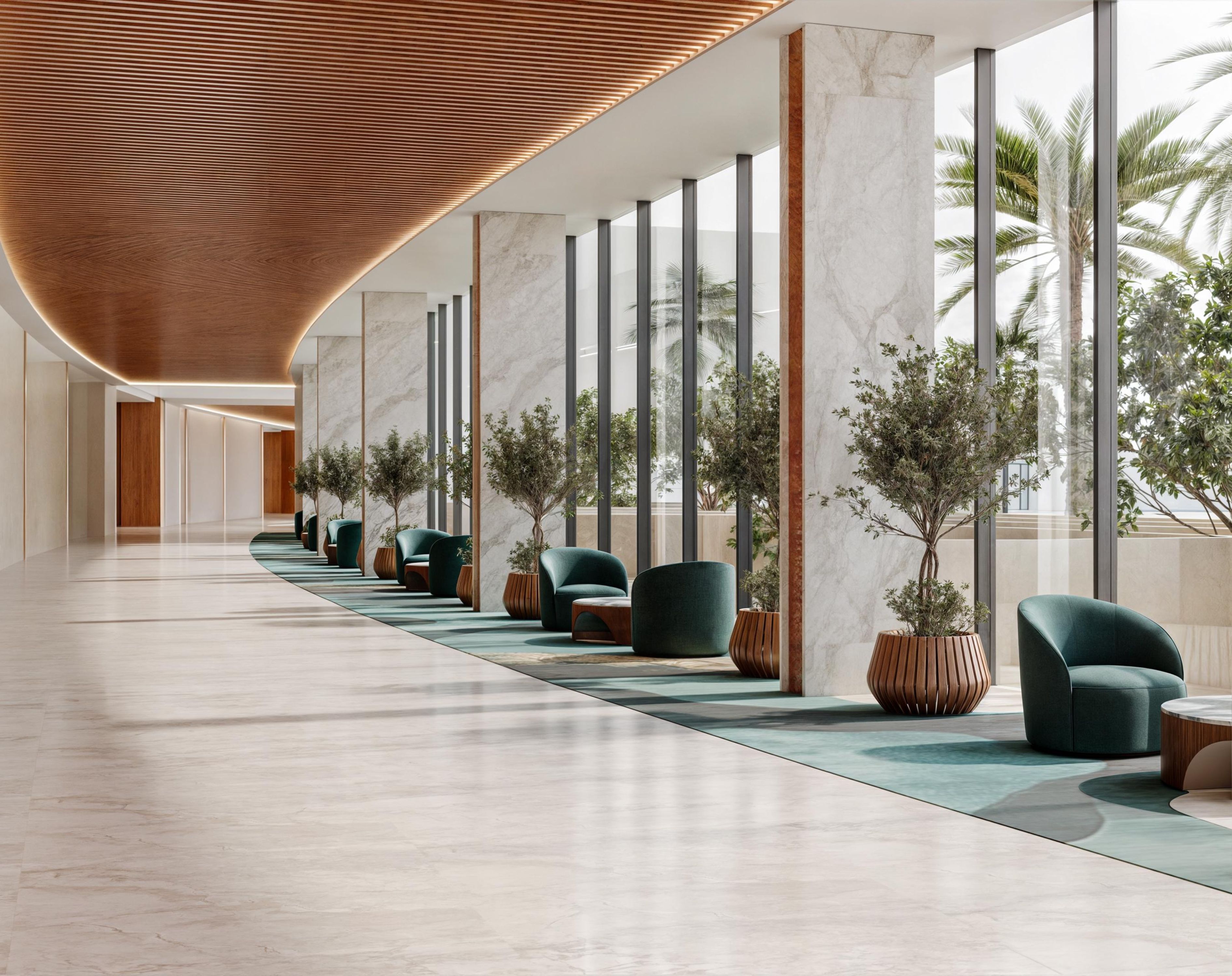 A modern hotel lobby with a long corridor, marble columns, and green upholstered chairs.