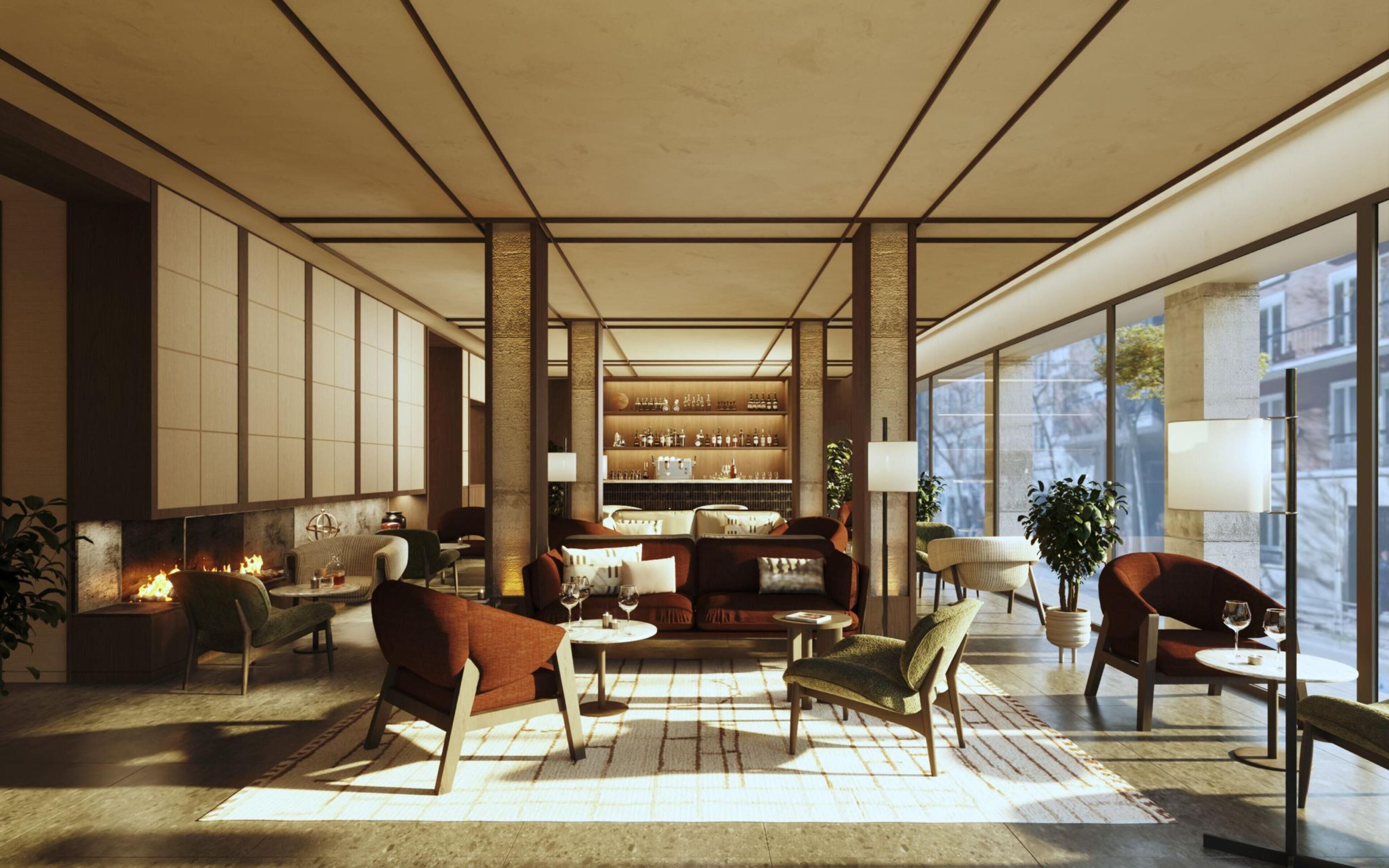 Un salón moderno con chimenea, asientos, una zona de bar y ventanas amplias.