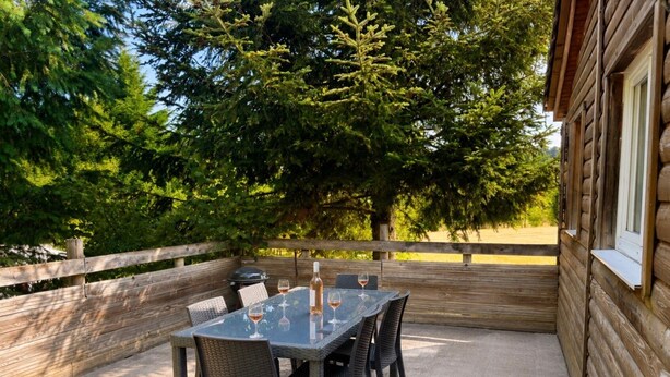 An outdoor patio with a table and chairs, a grill, and a wooden fence. - Les noisetiers du Neyrial, quiet and countryside (Yssingeaux)