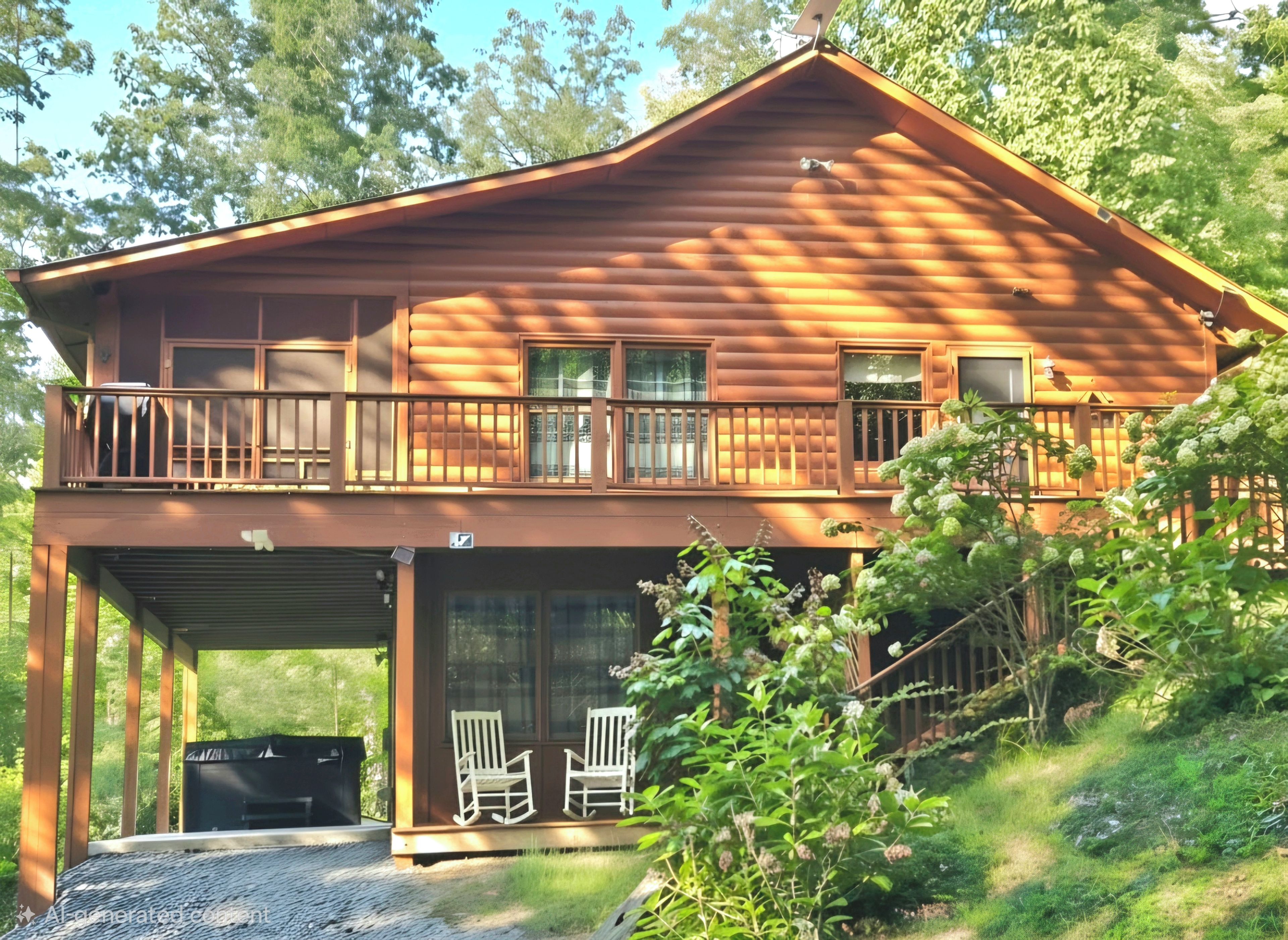A two-story log cabin with a balcony, a covered garage, and outdoor seating.