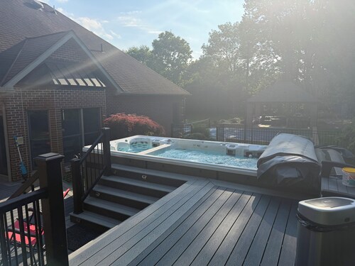 Unique RV getaway with a private pickleball court, swim spa and shaded pavilion.