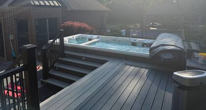 Unique RV getaway with a private pickleball court, swim spa and shaded pavilion.