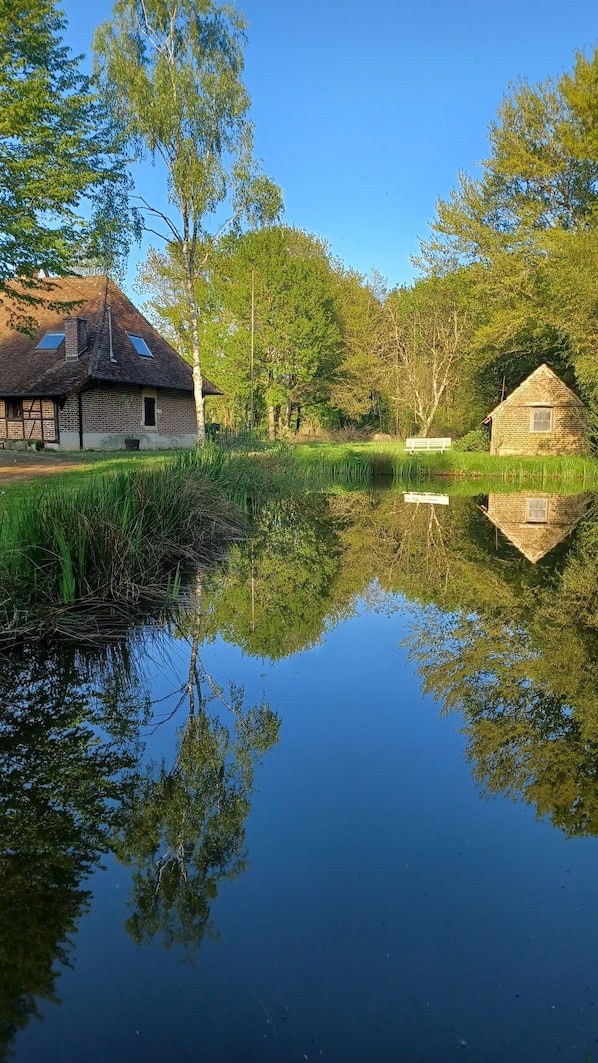 A calm lake with a wooden house and a brick building on the opposite side, surrounded by trees.