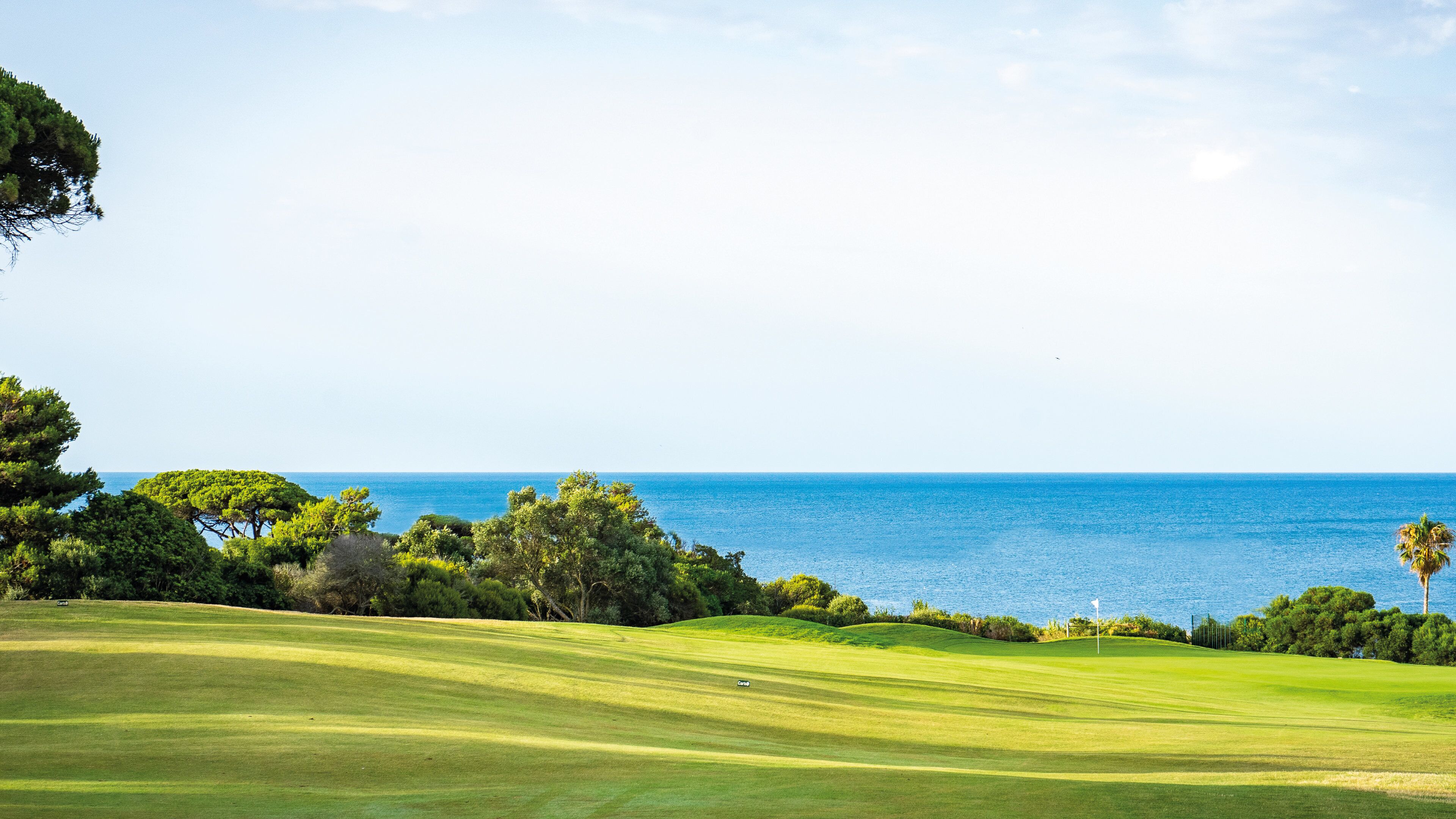 A coastal golf course with a clear view of the sea and a flag marking the hole.