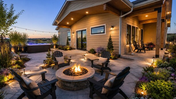 A modern house with a patio, outdoor seating, a fire pit, and a hot tub.
