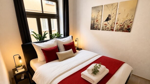 Una cama bien tendida con una colcha roja y blanca, una mesita de noche con una lámpara y una obra de arte en la pared con pájaros.
