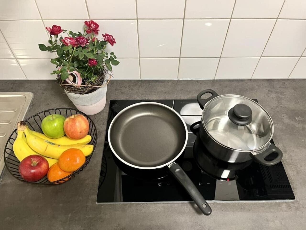 Une cuisine avec une casserole sur une plaque de cuisson à induction, une poêle, un panier de fruits et une plante en pot.