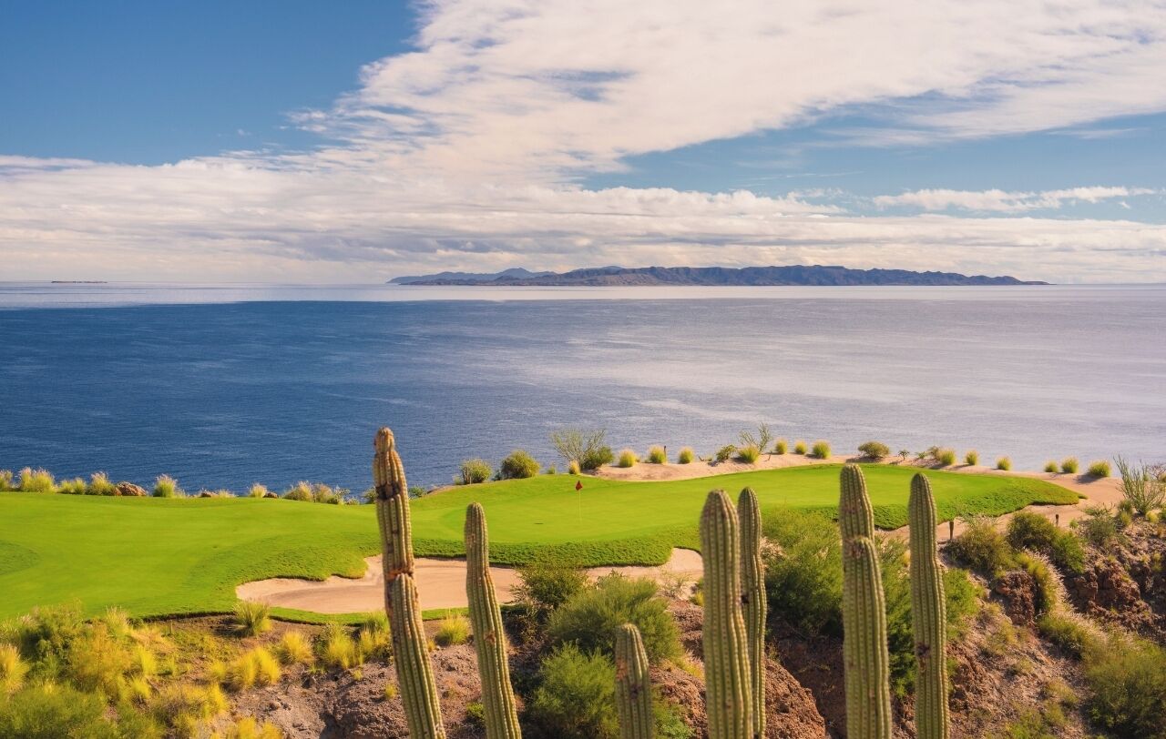 Een golfbaan met cactussen en uitzicht op de oceaan.