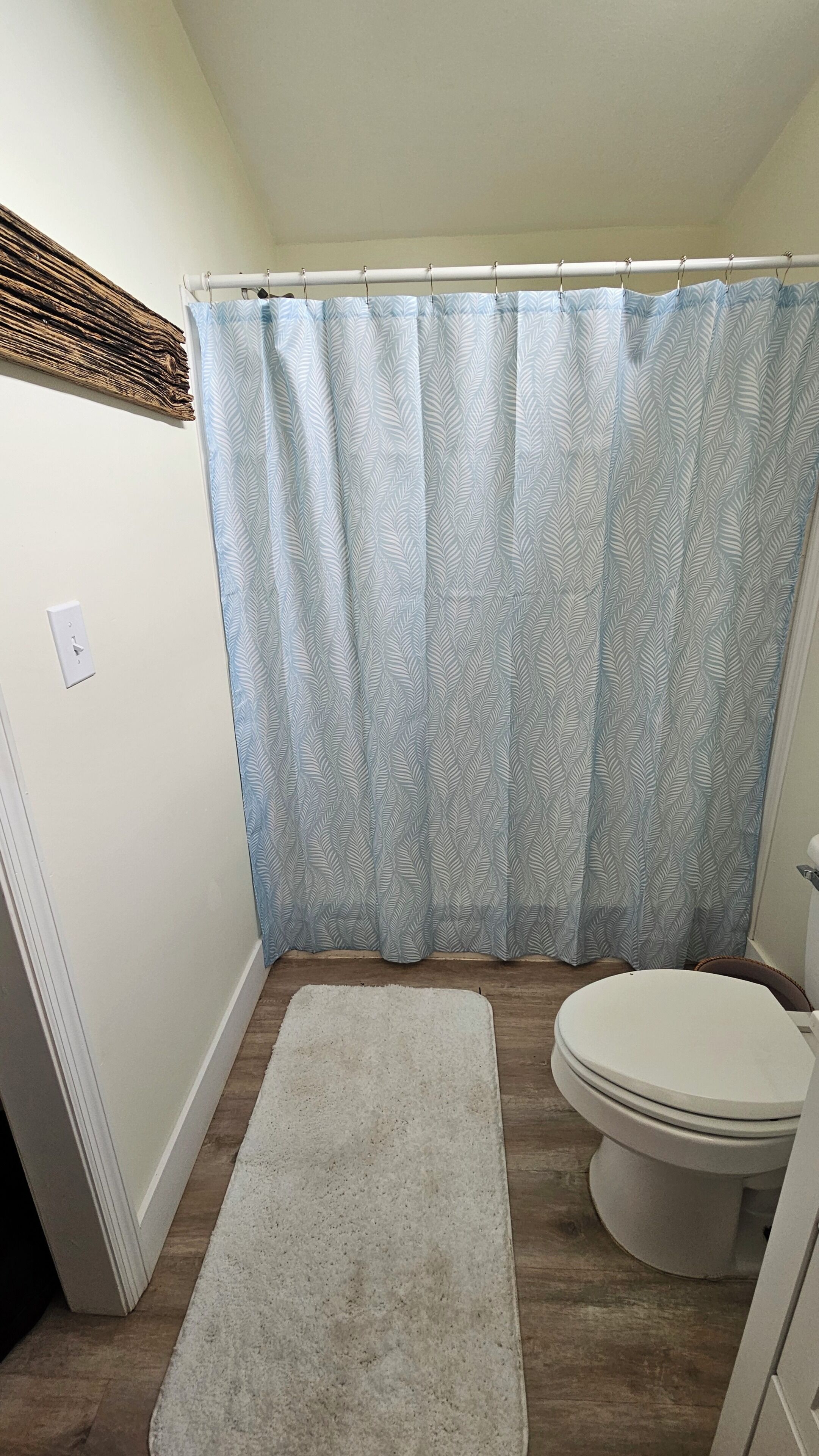 Une salle de bain avec un rideau de douche, des toilettes et un tapis.
