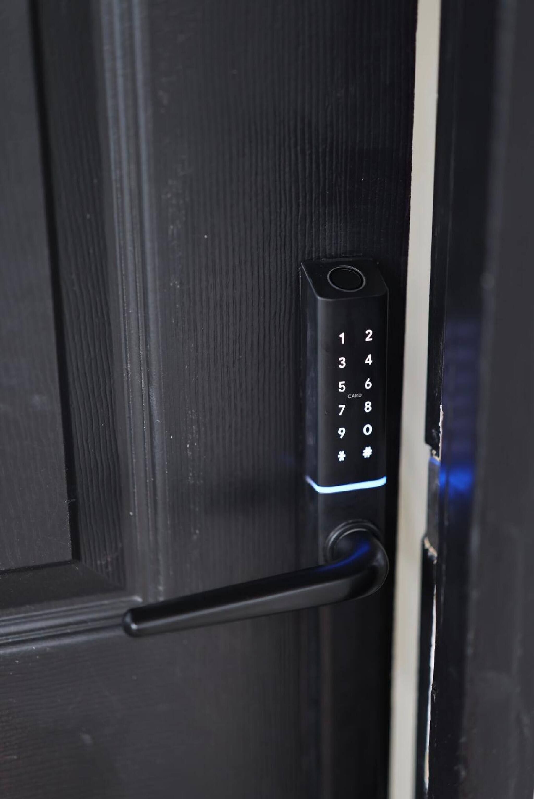 A door with a keypad lock.