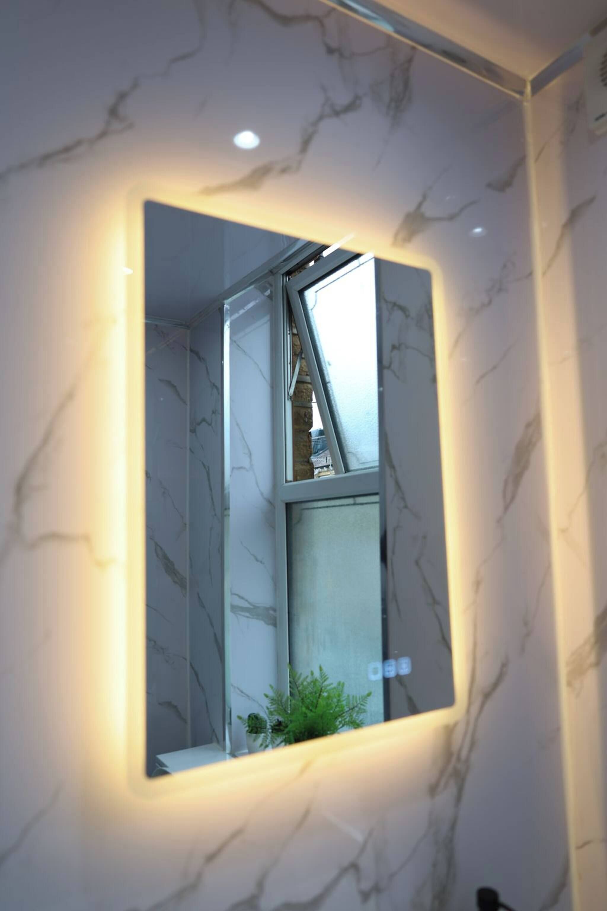 A bathroom with a marble wall, a mirror, and a plant.
