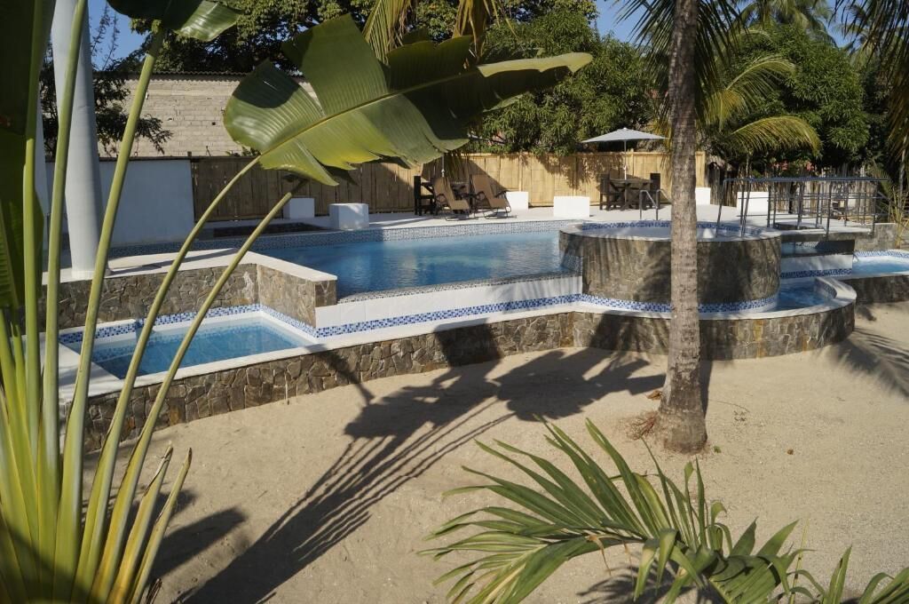 A swimming pool with a stone edge and blue mosaic tiles, surrounded by palm trees and a wooden fence.