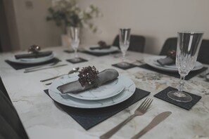 Bungalow, 1 Bedroom, Fireplace | Dining room - White Bungalow With 75" Tv, Air Con, Air Hockey (Bradford)