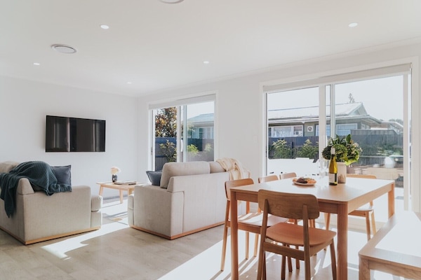 Open plan kitchen, living, dining areas