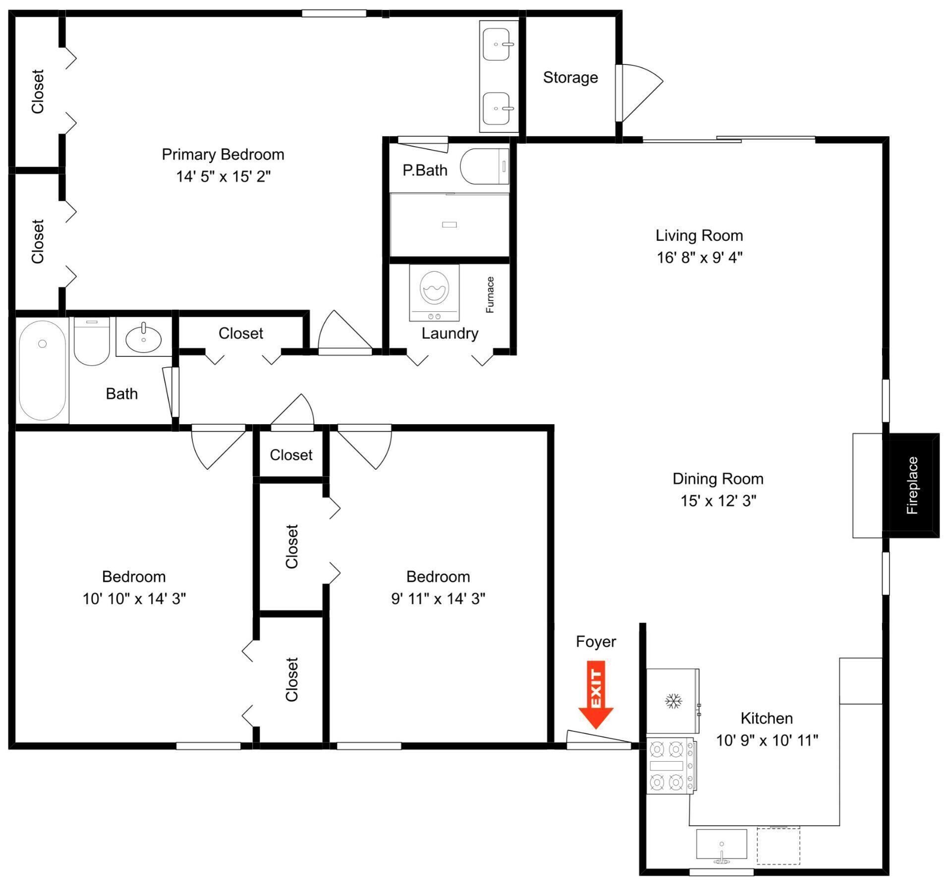 A floor plan with a primary bedroom, two bedrooms, a living room, a dining room, a kitchen, a bathroom, a laundry area, and a foyer.