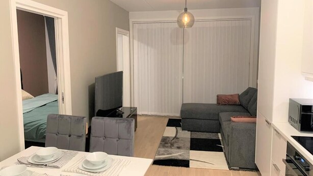 Ein kompakter Wohnbereich mit Essplatz, Sofa, Fernseher und Küchenzeile.