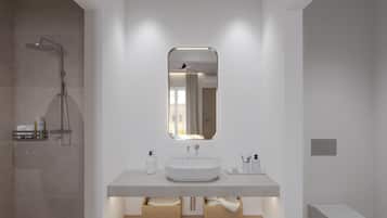 Shower, hair dryer, slippers, towels