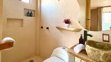 Hair dryer, towels, soap, toilet paper