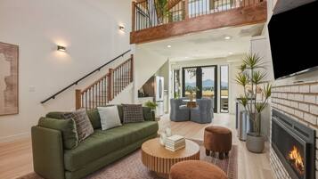 Smart TV, fireplace, books