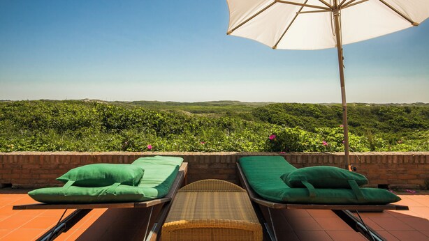 Two lounge chairs with green cushions, a wicker chair, and an umbrella on a terrace with a view of a green landscape. - Villa de Duintop (12 people) A dream vacation home on a dune. (Bergen aan Zee)