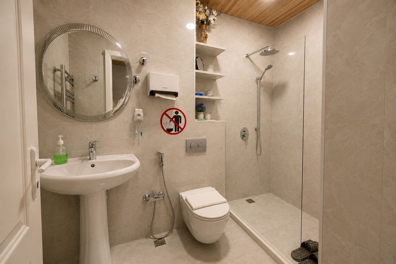 Casa de banho com lavatório, sanita e chuveiro, e um aviso de proibição de entrada.