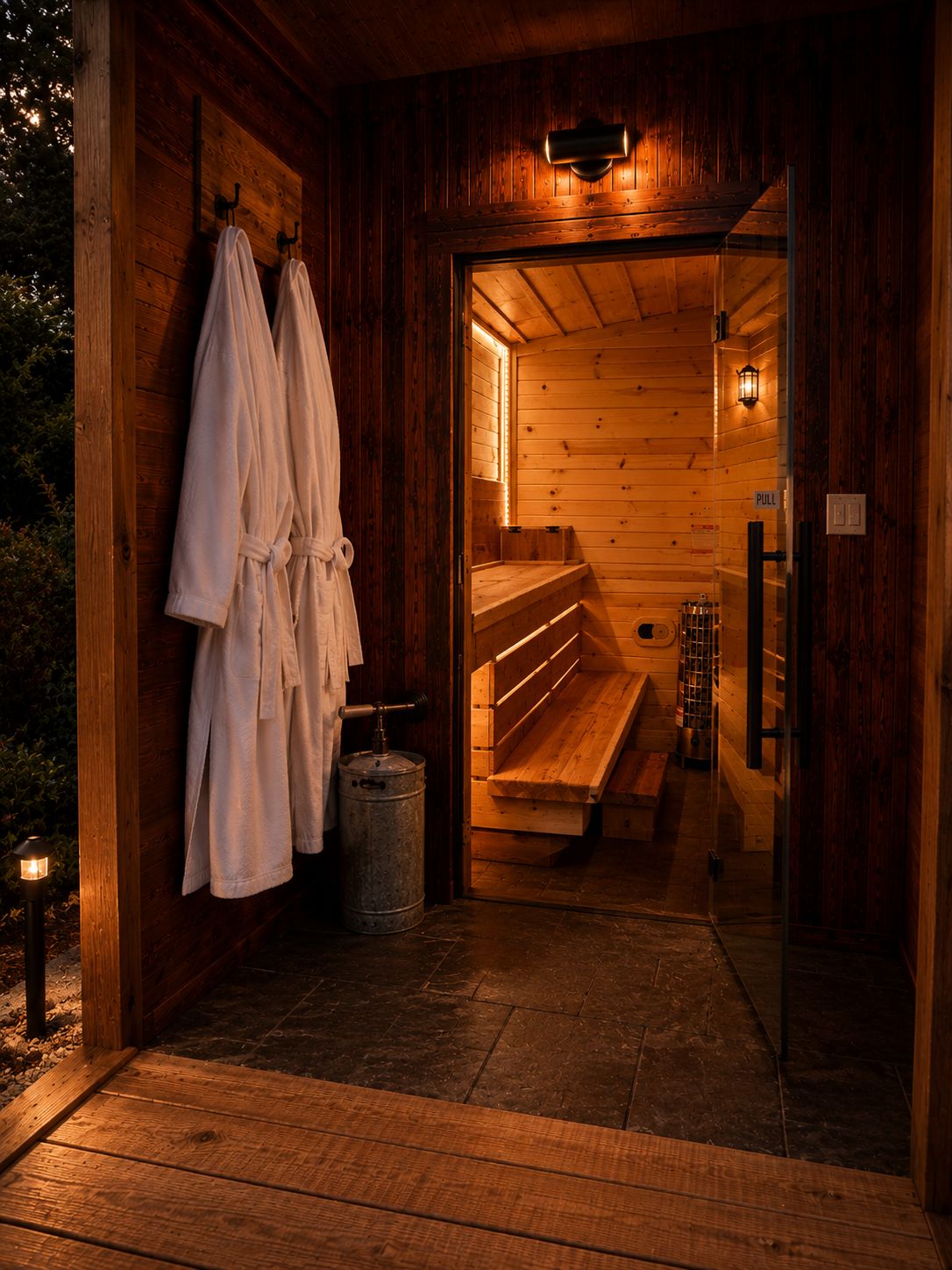 A sauna with wooden walls, benches, and a bench heater. There are towels hanging on the wall and a metal container on the floor.