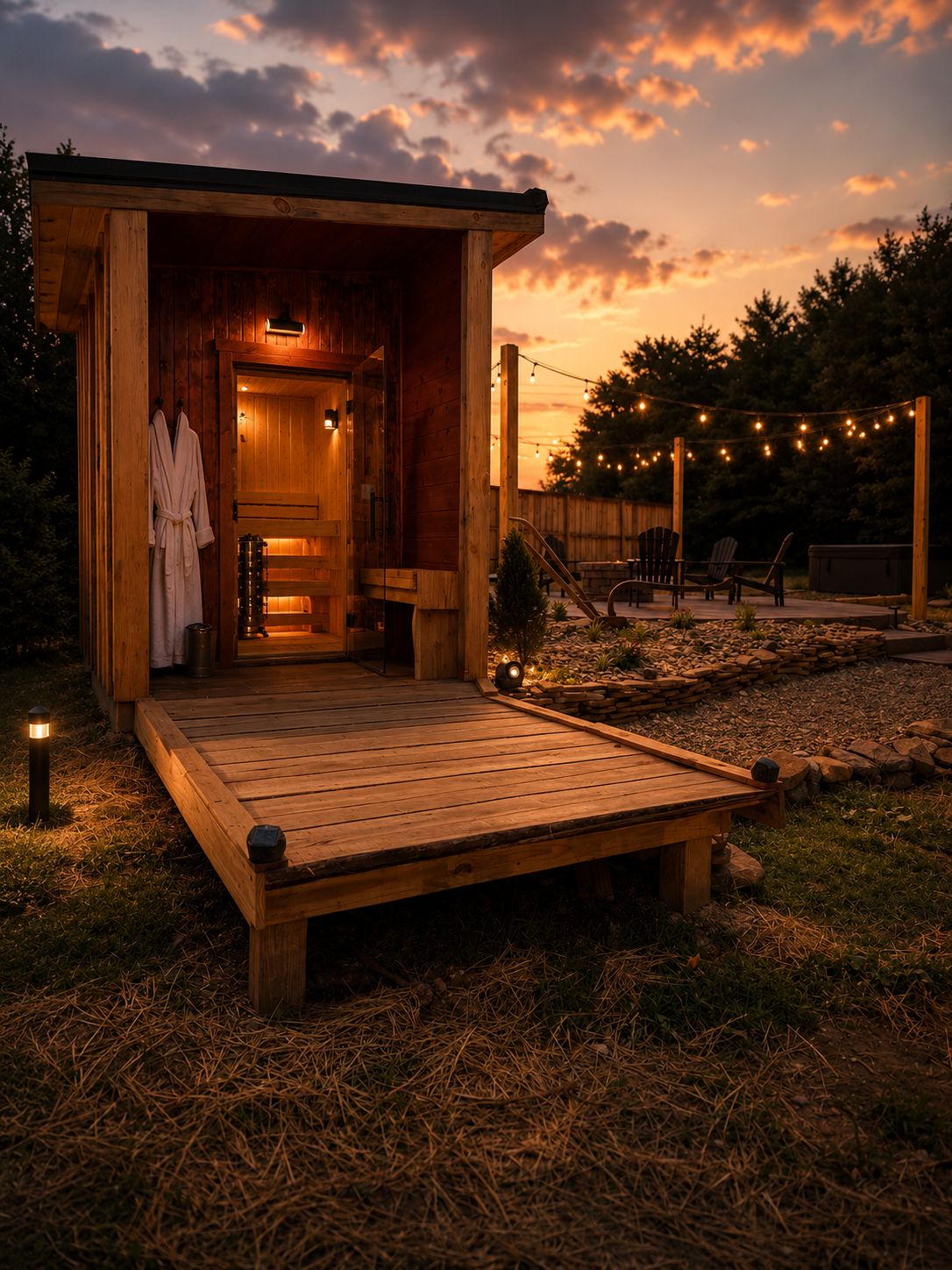 Eine Holzhütte mit Terrasse, Sauna und Lichterkette.