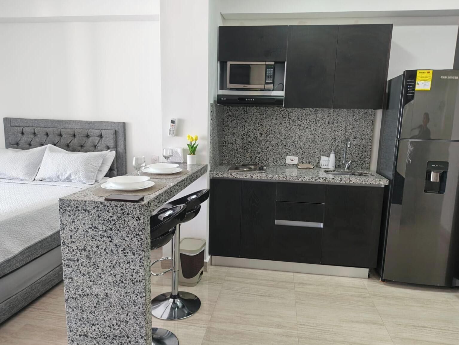 Estudio Confort, balcón, vistas al lago | Cocina privada | Frigorífico, microondas, licuadora y plancha