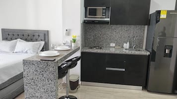 Estudio Confort, balcón, vistas al lago | Cocina privada | Frigorífico, microondas, licuadora y plancha