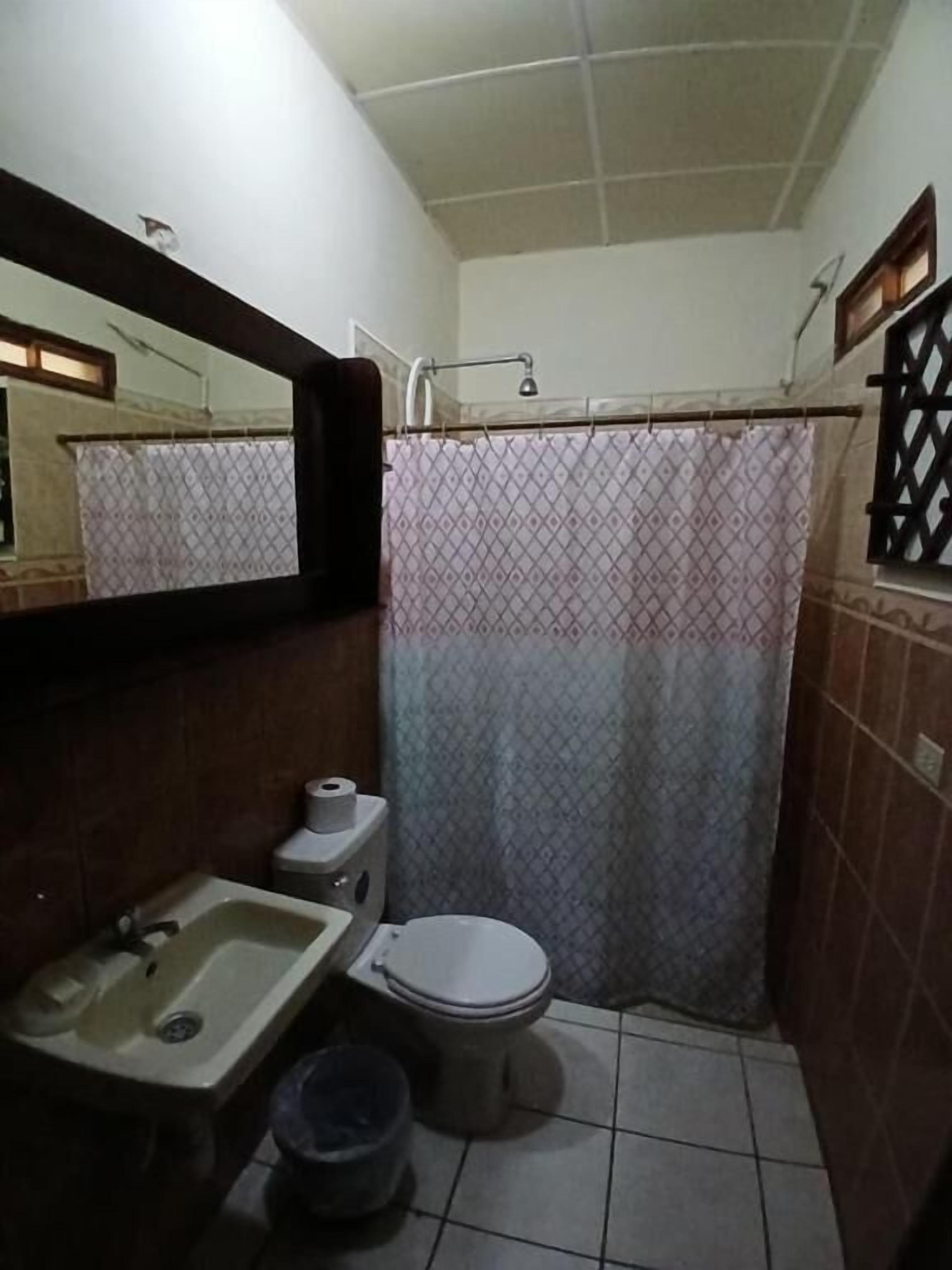 Chuveiro, toalhas de banho, shampoo, papel higiênico