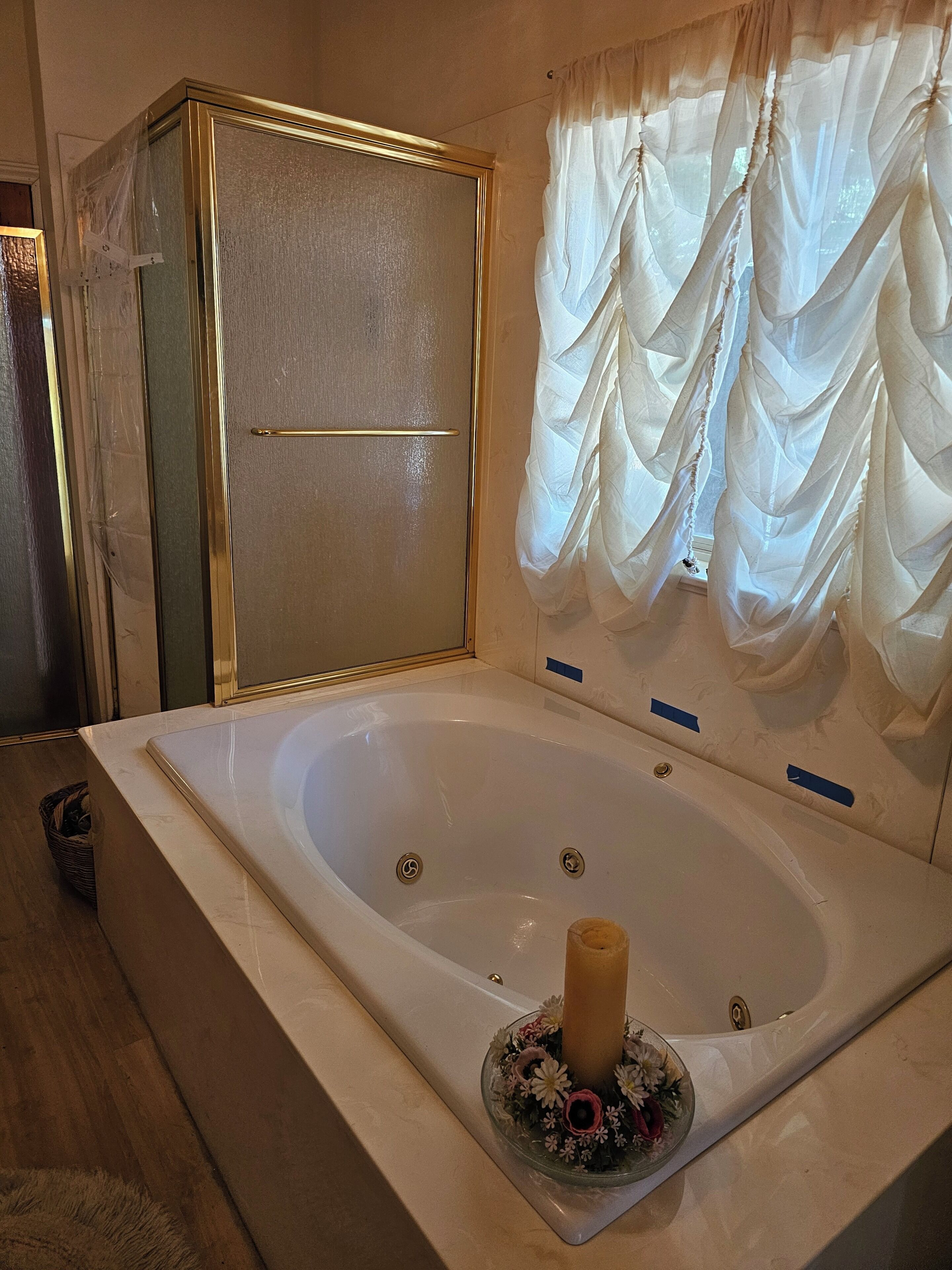Shower, towels, soap, toilet paper