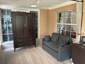 Una habitación con un armario de madera oscura, un sofá gris y un amplio ventanal con cortinas.