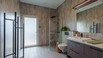Shower, hair dryer, towels, soap