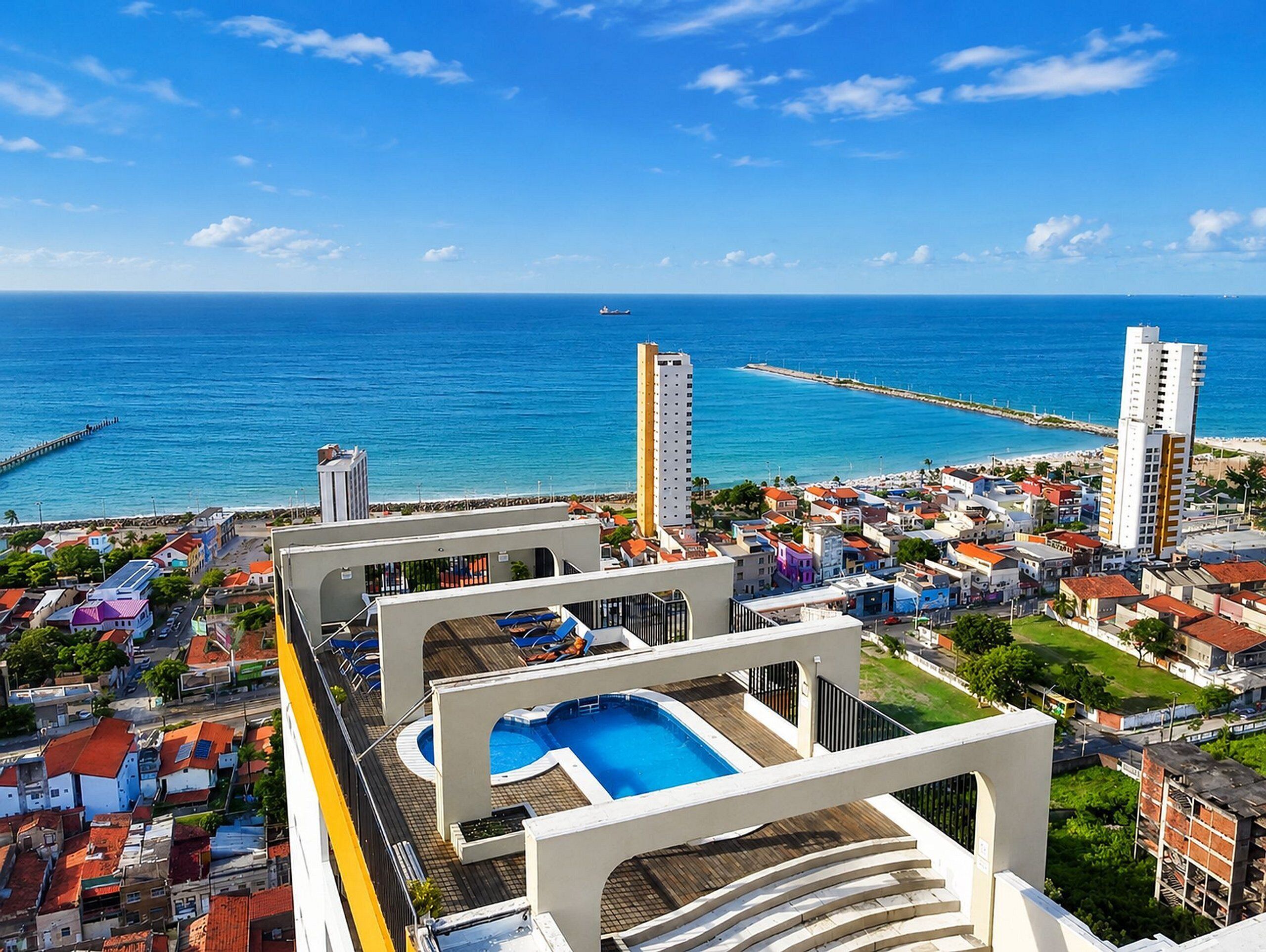 A high-rise hotel with a rooftop pool, ocean views, and a pier extending into the sea.