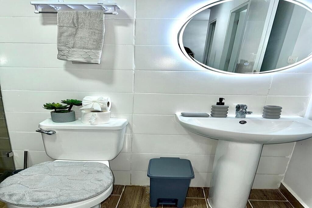Ein Badezimmer mit Toilette, Waschbecken, Spiegel, Handtuchhalter und Mülleimer.