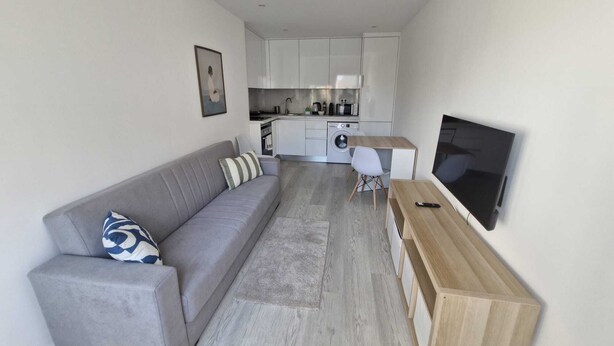 Um espaço de estar compacto com sofá cinzento, uma pequena mesa de jantar, televisão e uma cozinha compacta ao fundo.