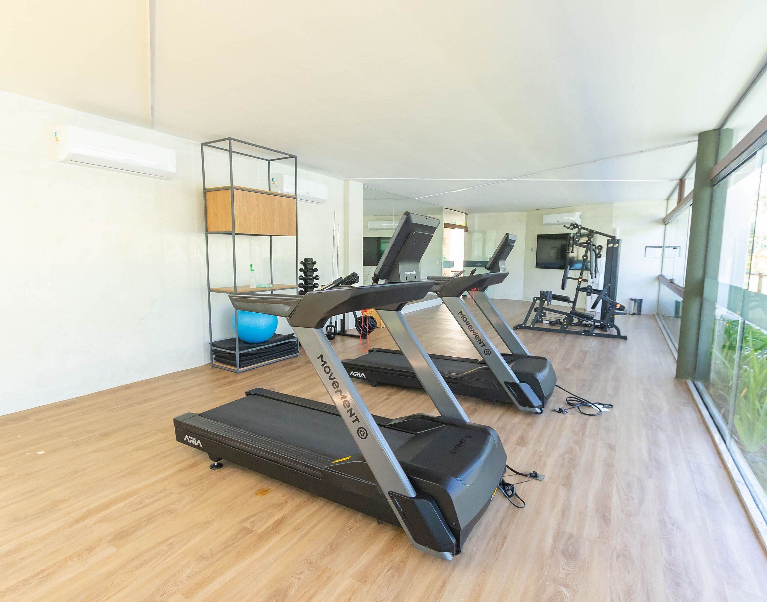 Une salle de sport équipée de tapis de course, d’un ballon d’exercice bleu et d’appareils de musculation.