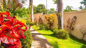 Un sentier qui traverse un jardin bien entretenu, agrémenté de diverses plantes et bordé d’un mur.