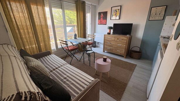 Un salon confortable avec un canapé, une table à manger et des chaises, un téléviseur et un coin cuisine avec des placards.
